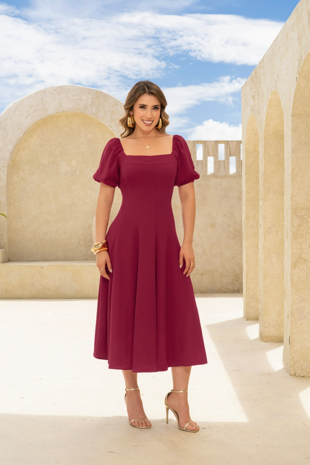 Vestido Midi Manga Corta Escote Cuadrado Tela Chifón - Pretty Woman - foto 1 de 2
