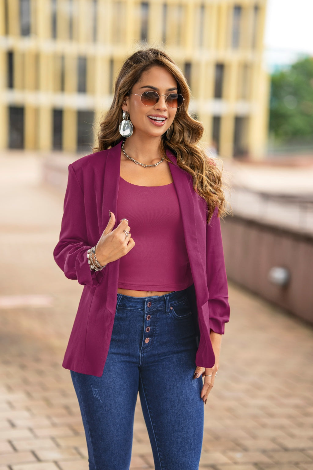 Blazer Manga 3/4 Cuello Solapa Vino Tinto para Mujer Pretty Woman - vista principal