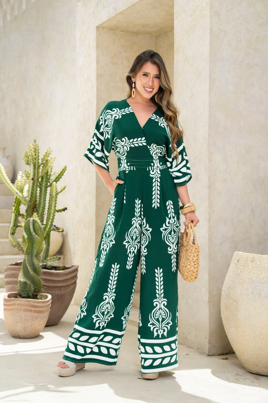 Enterizo Pantalón Manga 3/4 Escote en V Verde para Mujer Pretty Woman - vista principal