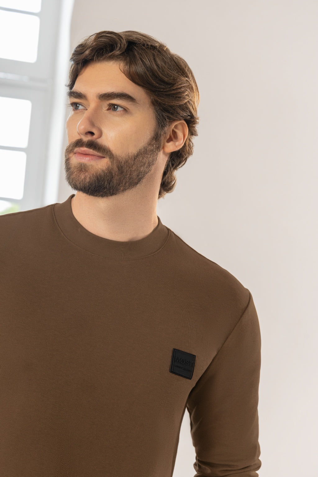 Sweater Manga Larga con Puño Cuello Redondo Micro Cafe - Boccelli ropa para hombre, vista 1