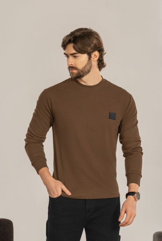 Sweater Manga Larga con Puño Cuello Redondo Micro Cafe - Boccelli ropa para hombre, vista 2