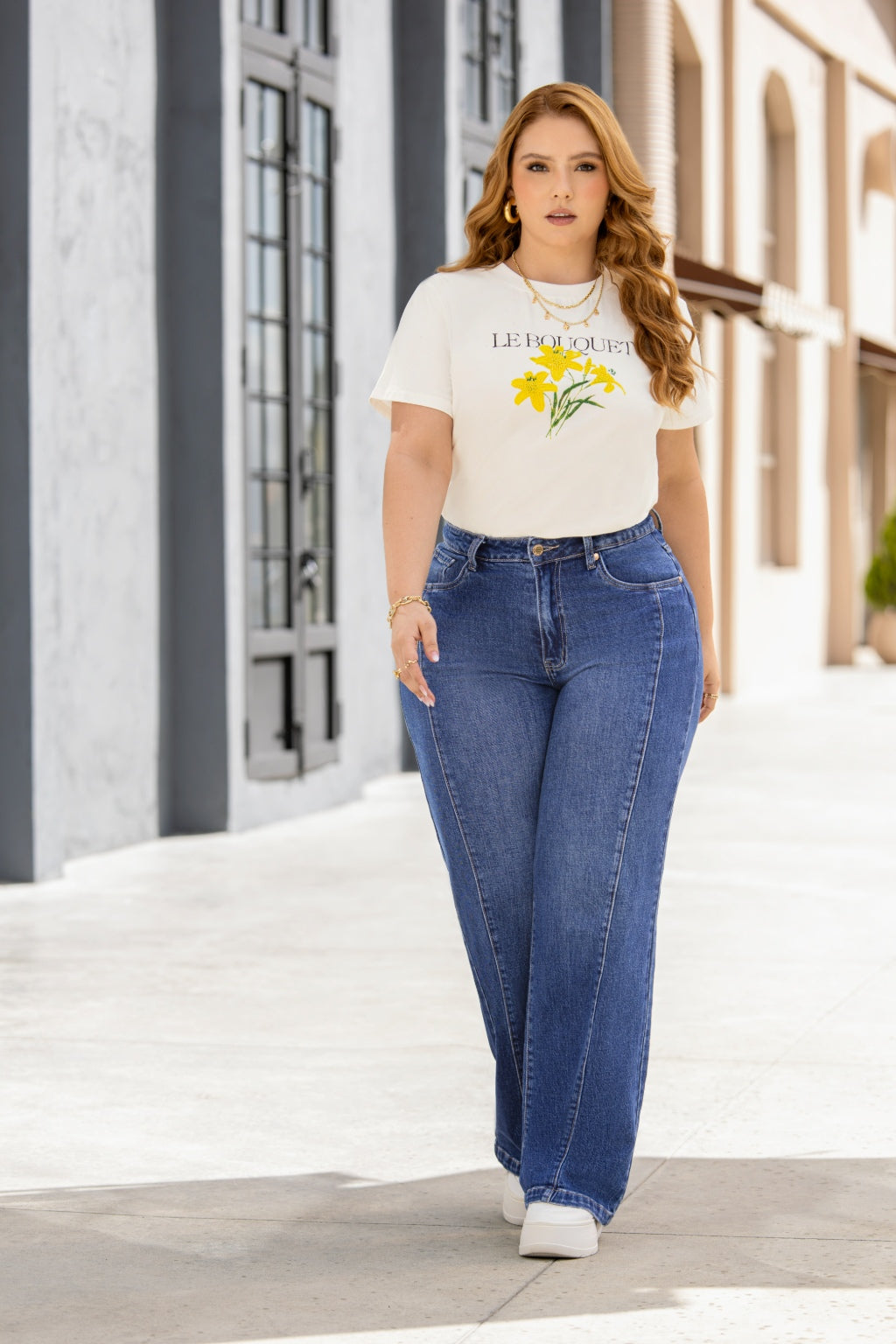 Jeans Estilo Wide Straight Tiro Alto Tela Denim Tela Denim Stretch -Azul Medio Proceso Desgastado - Pretty Woman - foto 1 de 7