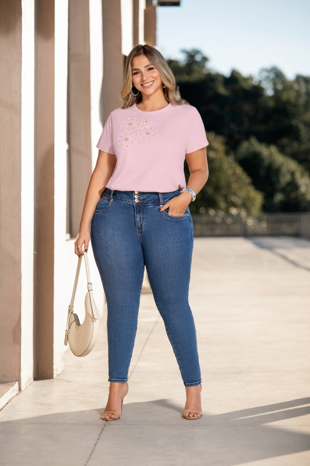 Camiseta Manga Corta Cuello Redondo Palo Rosa Talla Plus para mujer - Pretty Woman, vista frontal