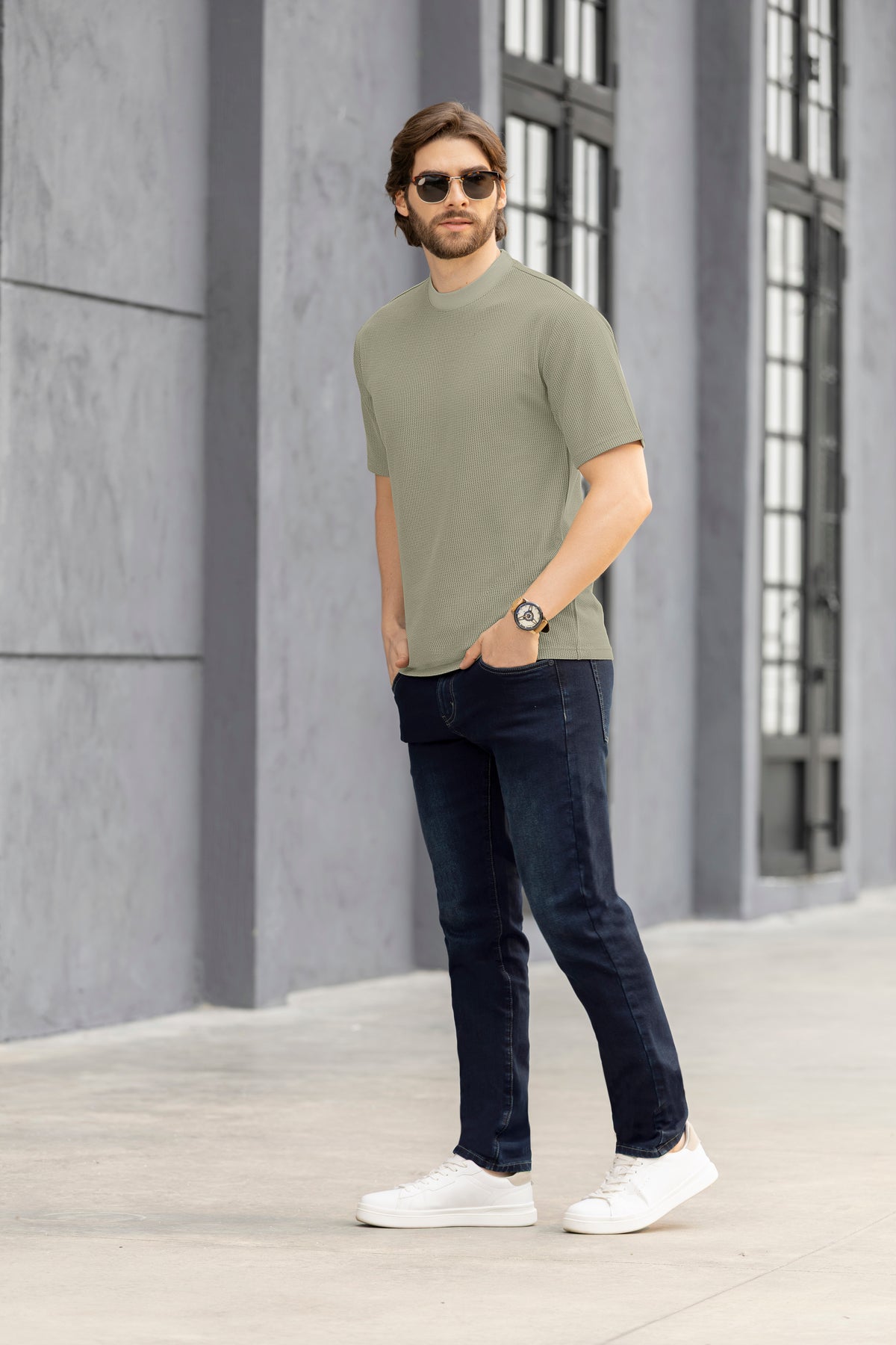 Camisa Manga Corta Cuello Redondo Oversize Fit Tela Verde