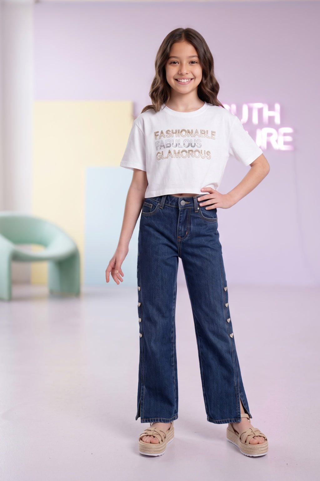 Jeans de Niña Estilo Wide Leg Azul Oscuro