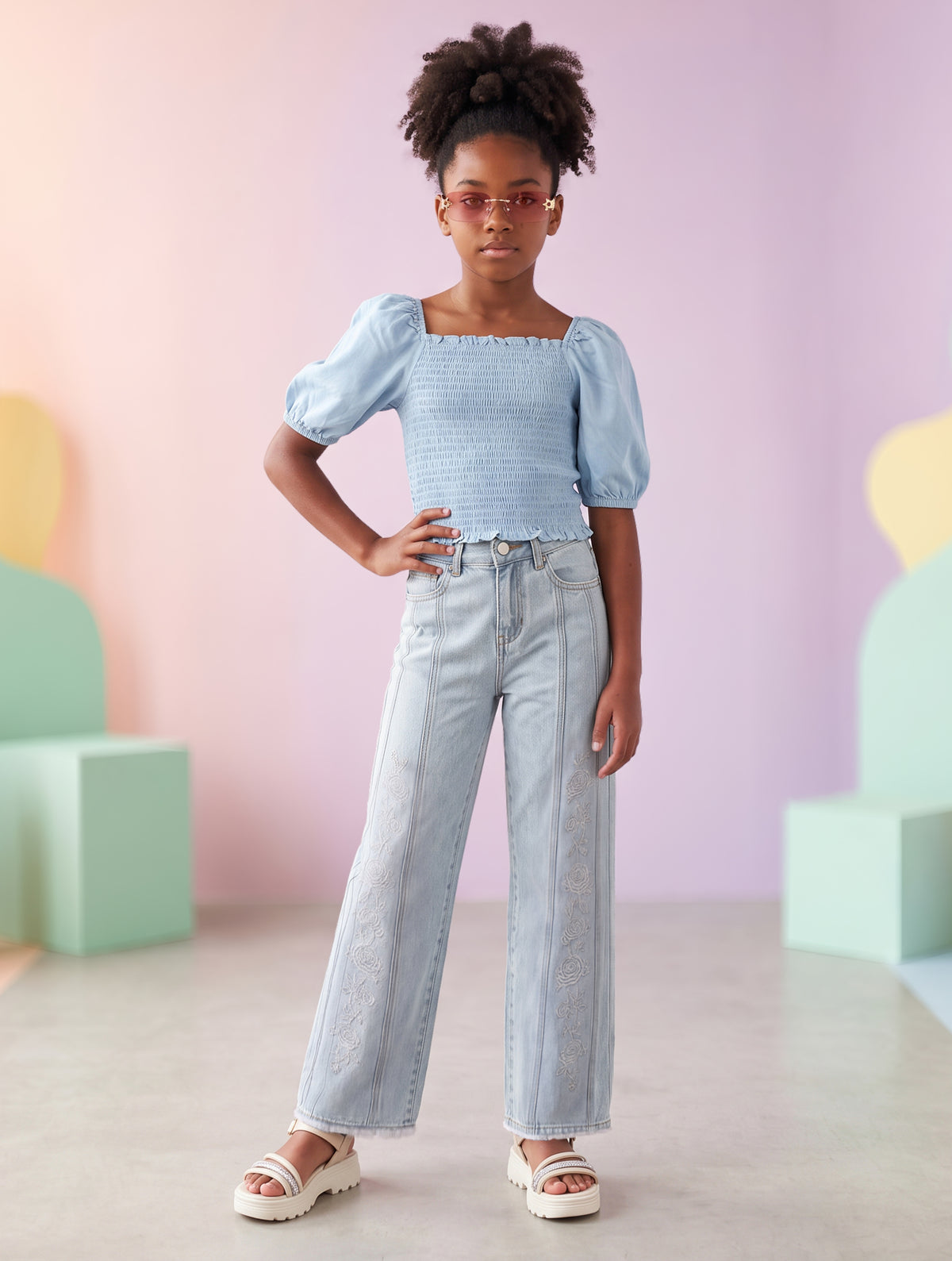 Jeans de Niña Estilo Wide Leg Azul Claro