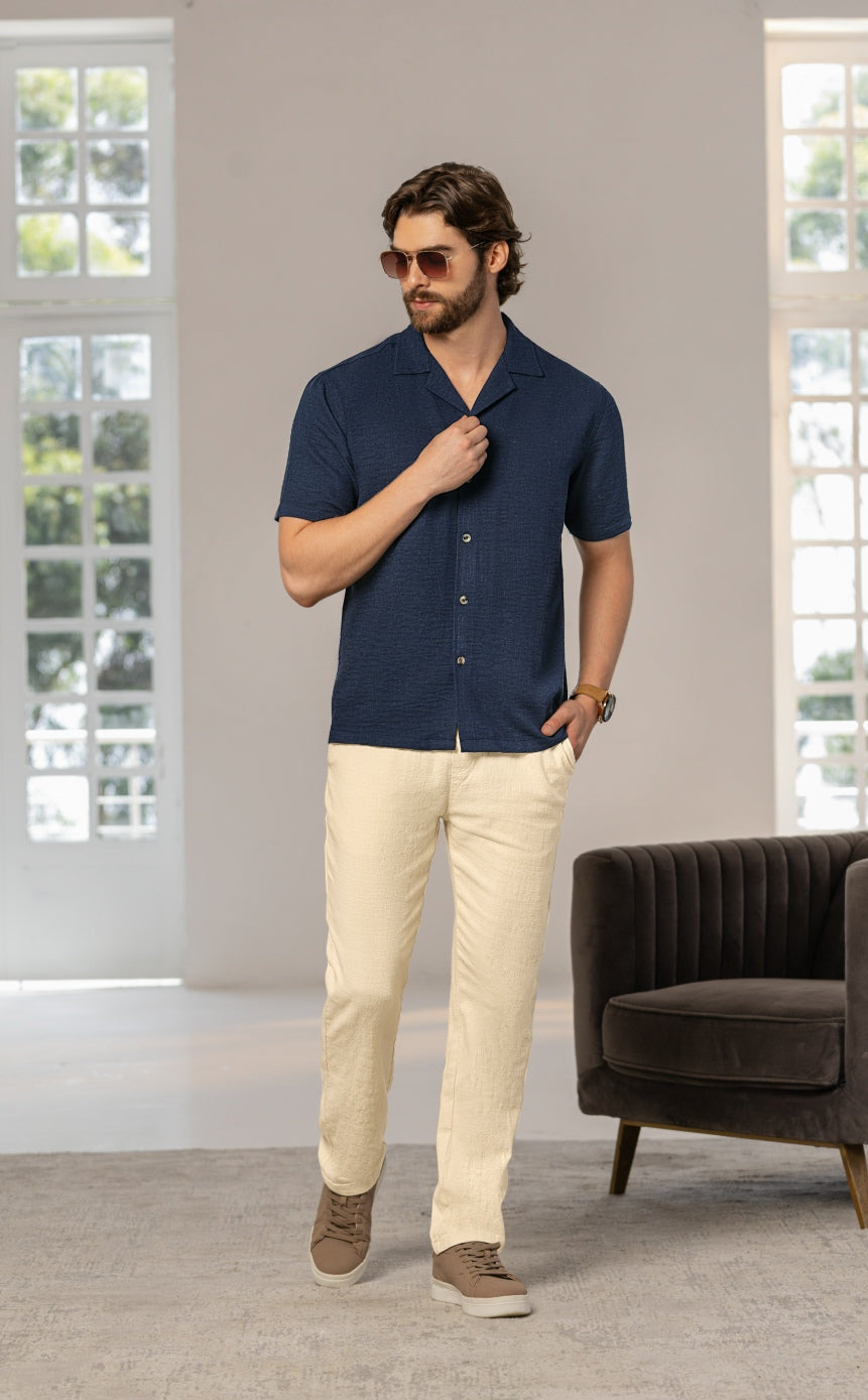 Camisa Manga Corta Tela Rayón  Azul - Boccelli ropa para hombre, vista 3
