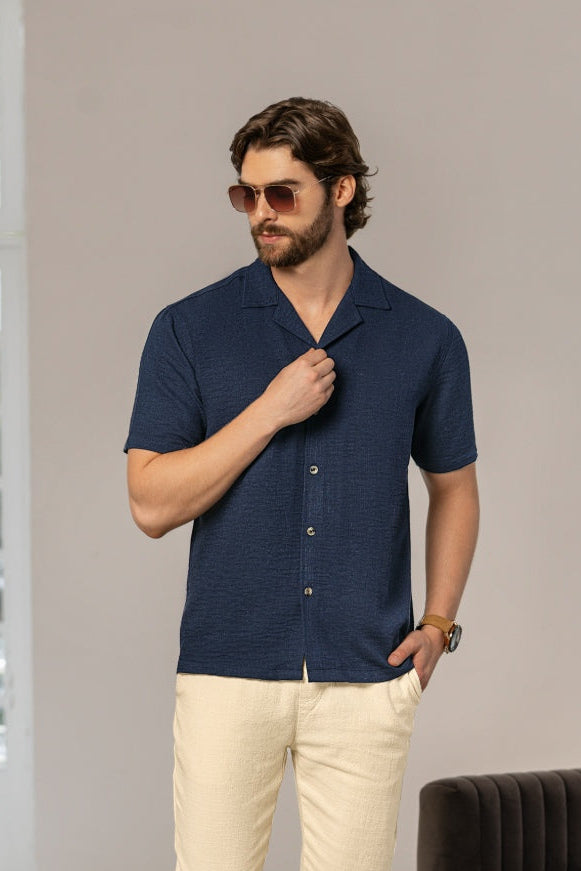 Camisa Manga Corta Tela Rayón  Azul