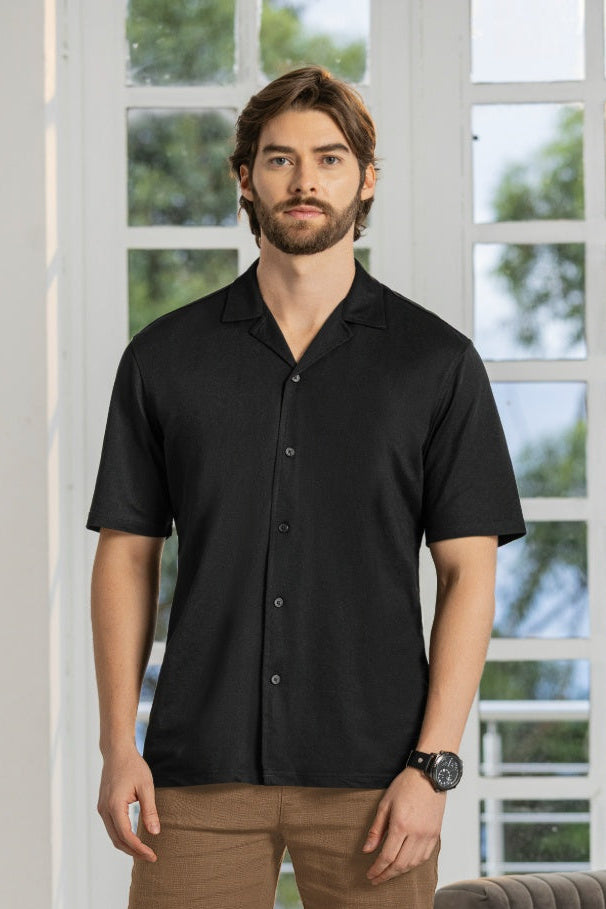 Camisa Manga Corta Tela Rayón Negro - Boccelli ropa para hombre, vista 1