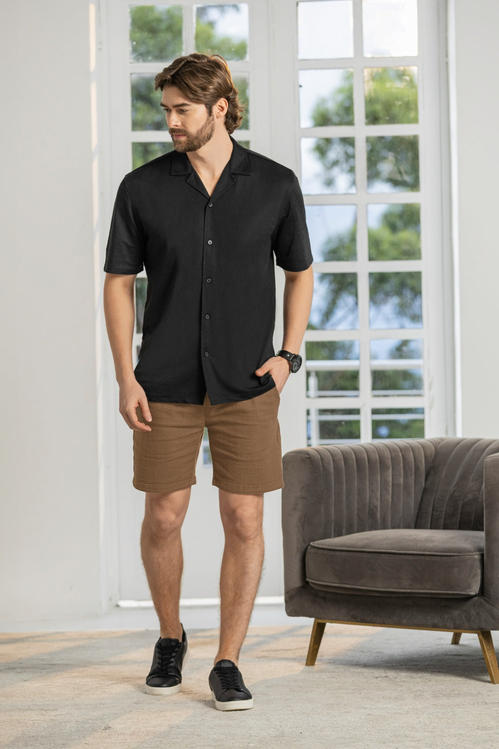 Camisa Manga Corta Tela Rayón Negro - Boccelli ropa para hombre, vista 3