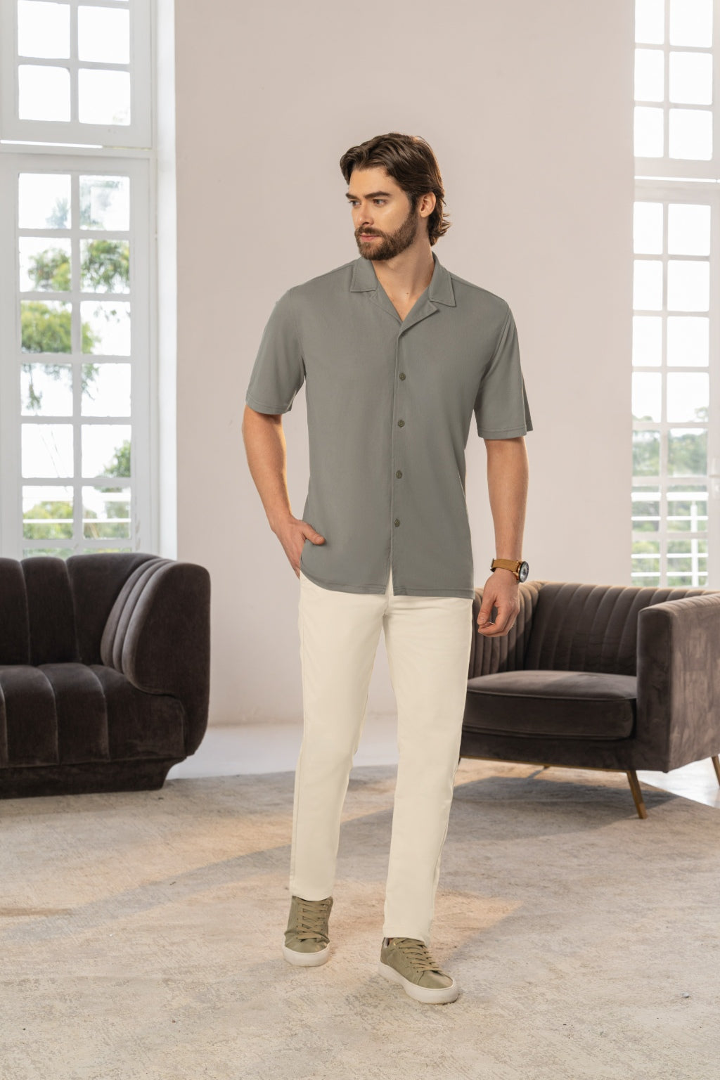 Camisa Manga Corta Tela Rayón Arena - Boccelli ropa para hombre, vista 4