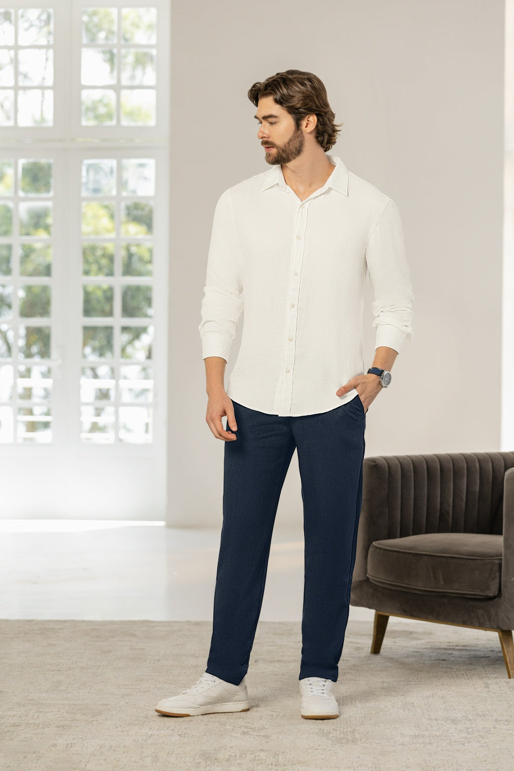Camisa Manga Larga Tela Lino Blanco - Boccelli ropa para hombre, vista 5