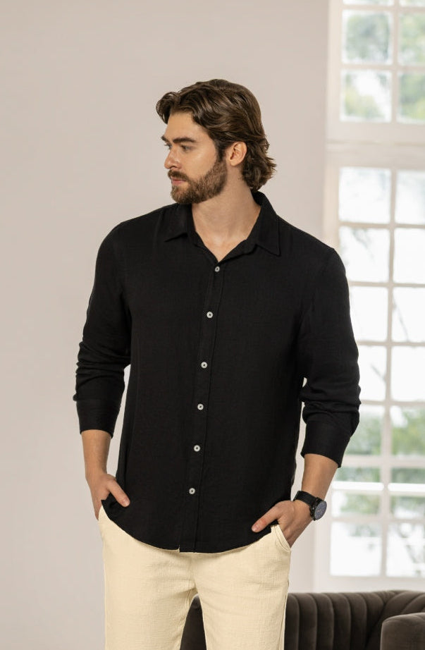Camisa Manga Larga Tela Lino Negro - Boccelli ropa para hombre, vista 1