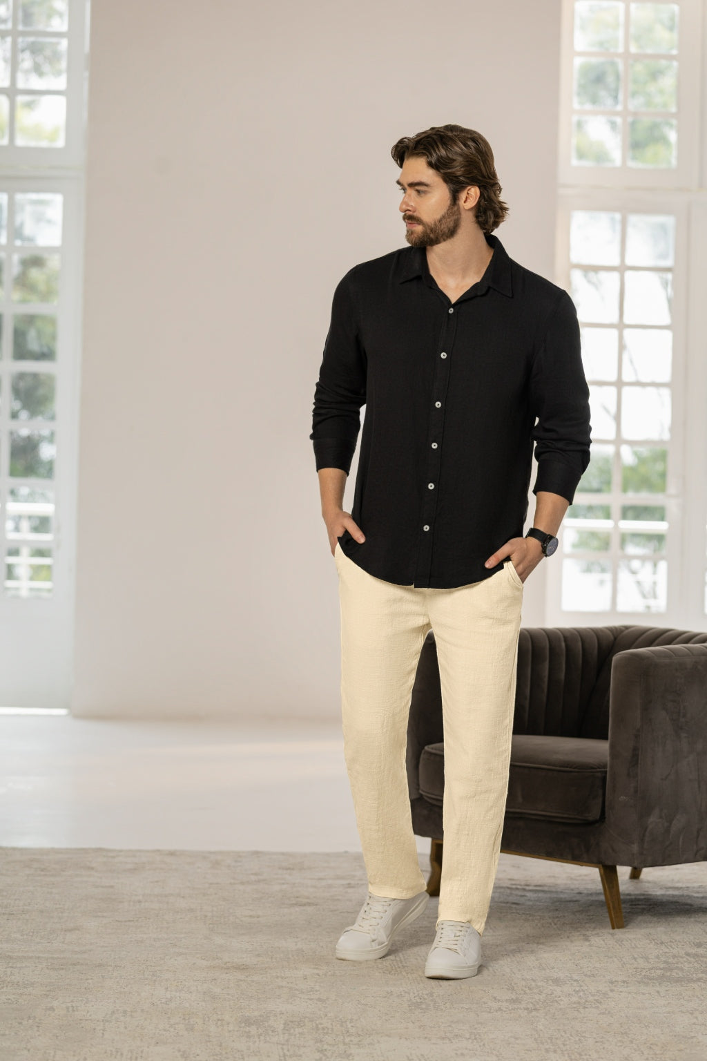 Camisa Manga Larga Tela Lino Negro