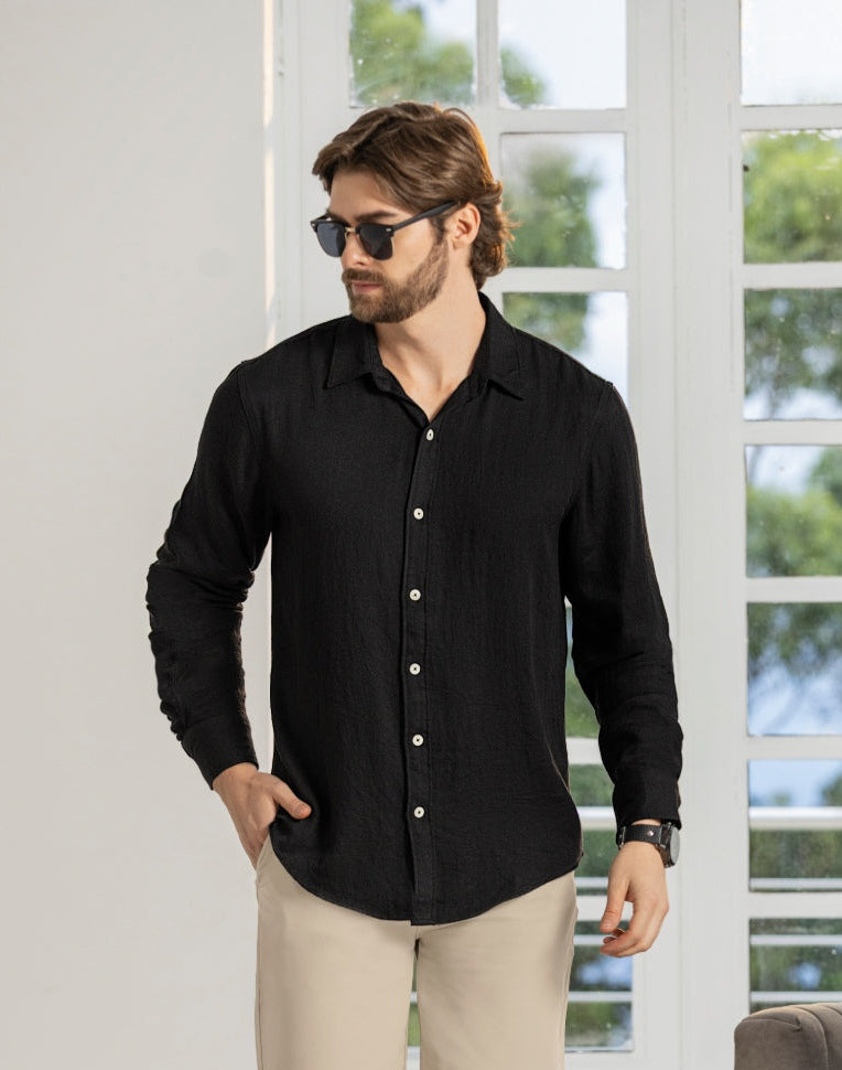 Camisa Manga Larga Tela Lino Negro - Boccelli ropa para hombre, vista 3