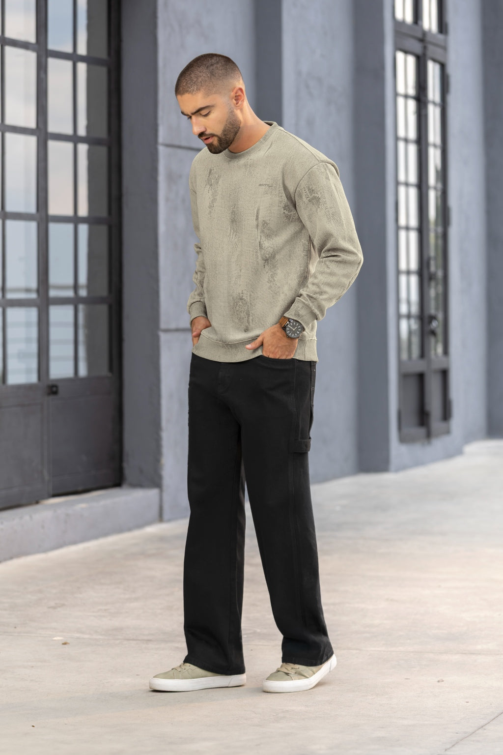 Sweater Manga Larga con Puño Cuello Redondo Micro Verde