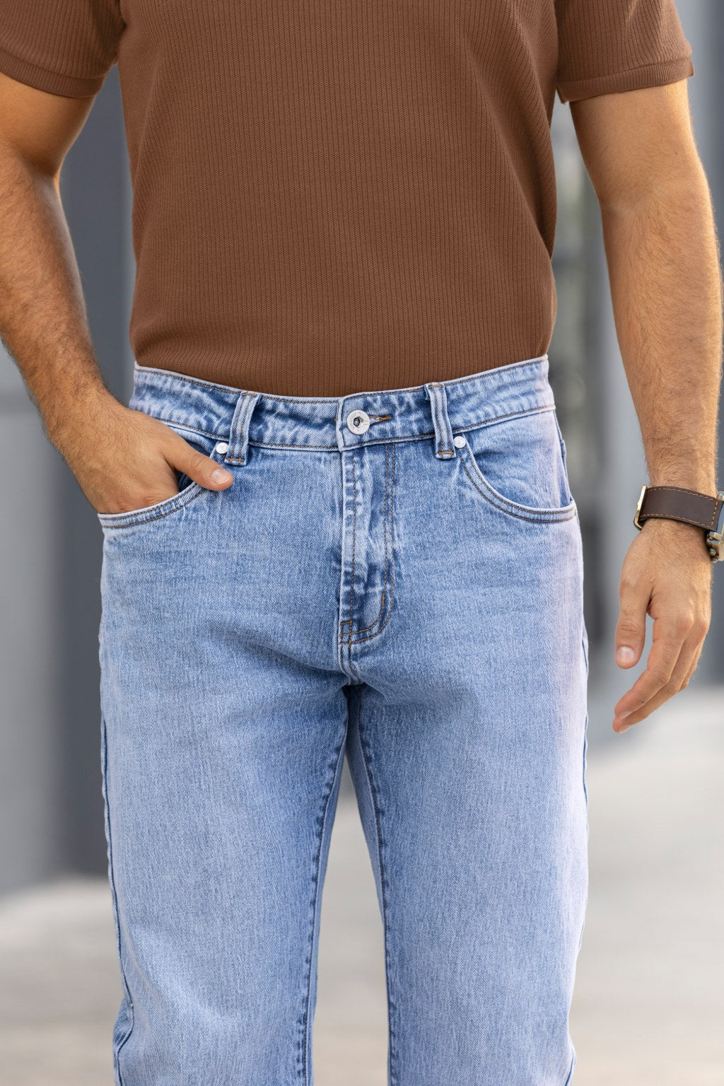 Jeans Bota Straight Bolsillos Delanteros y Traseros Demin Bolsillos Delanteros y Traseros Demin Stretch Proceso de Desgaste Algodón Spandex Azul Medio - Boccelli ropa para hombre, vista 13
