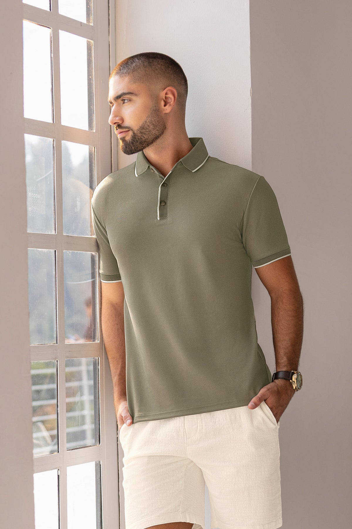 Camisa Tipo Polo Manga Corta Tela Jacquard Verde