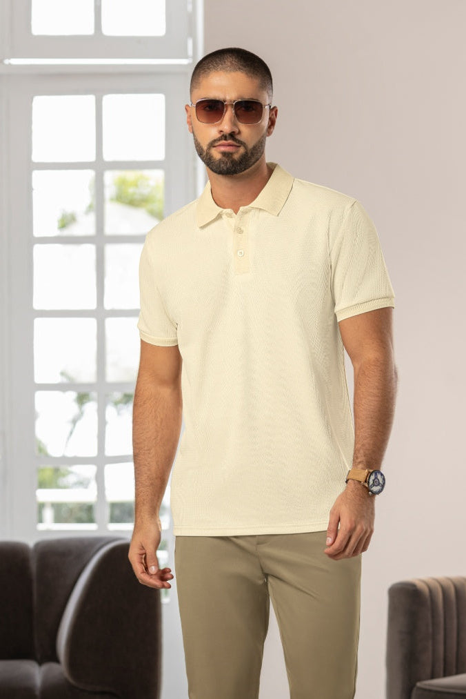 Camiseta Tipo Polo Manga Corta Tela Jacquard Beige - Boccelli ropa para hombre, vista 1