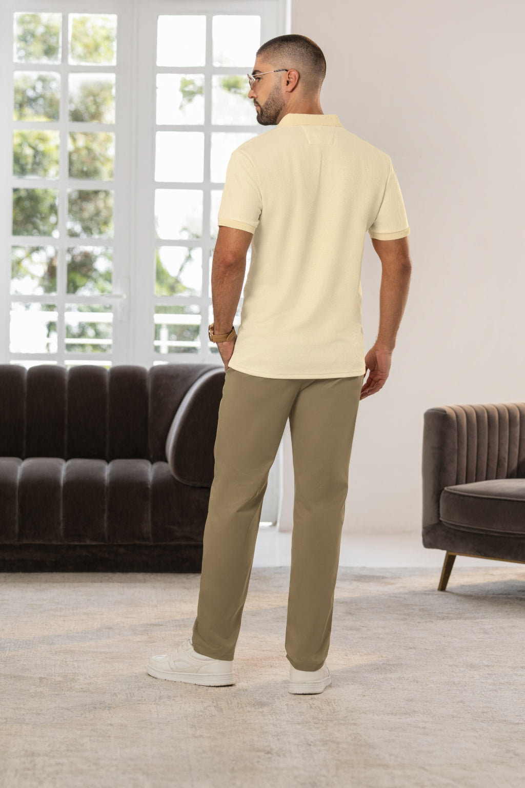 Camiseta Tipo Polo Manga Corta Tela Jacquard Beige - Boccelli ropa para hombre, vista 2
