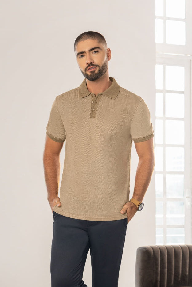 Camiseta Tipo Polo Manga Corta Tela Jacquard Caqui - Boccelli ropa para hombre, vista 1