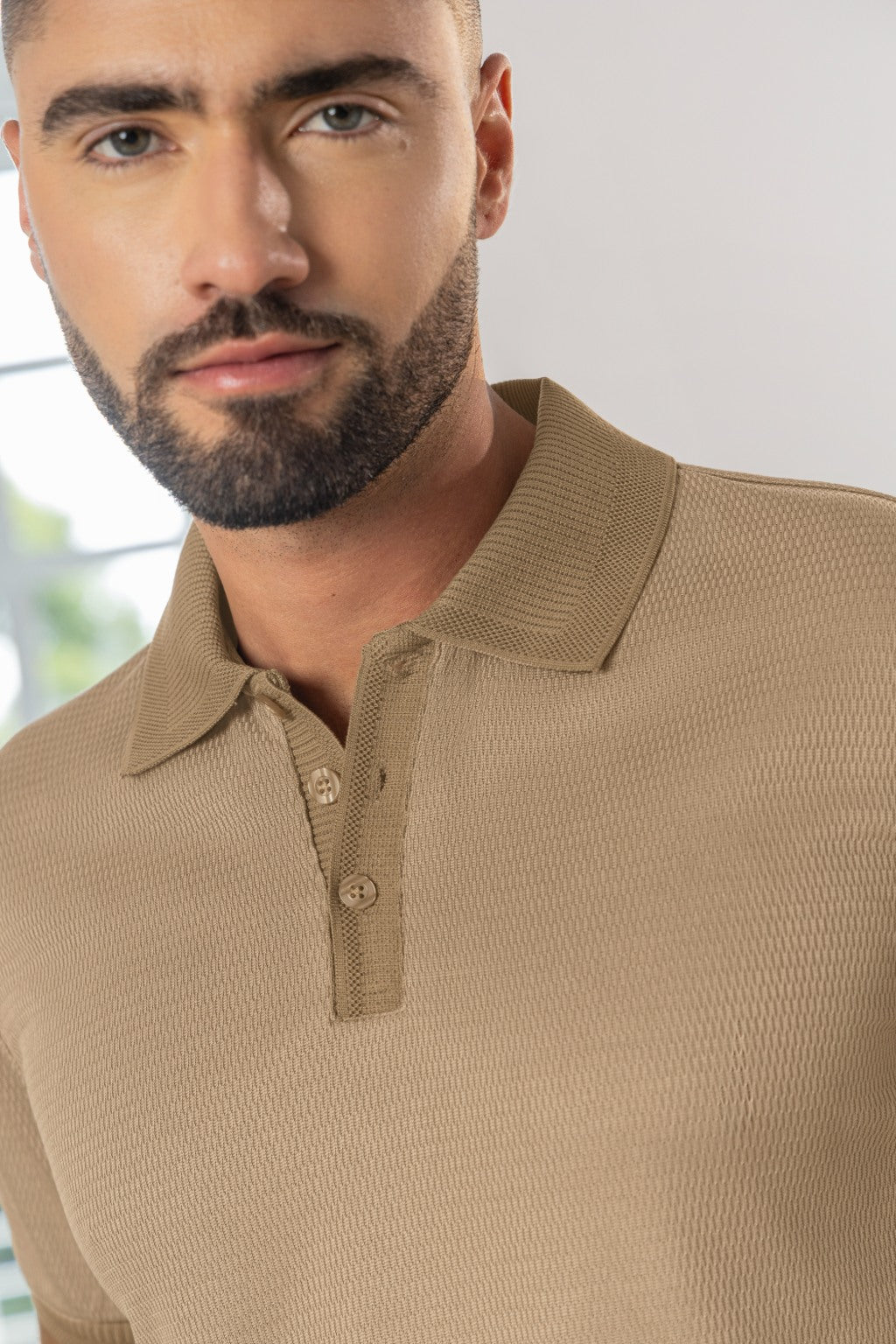 Camiseta Tipo Polo Manga Corta Tela Jacquard Caqui - Boccelli ropa para hombre, vista 3