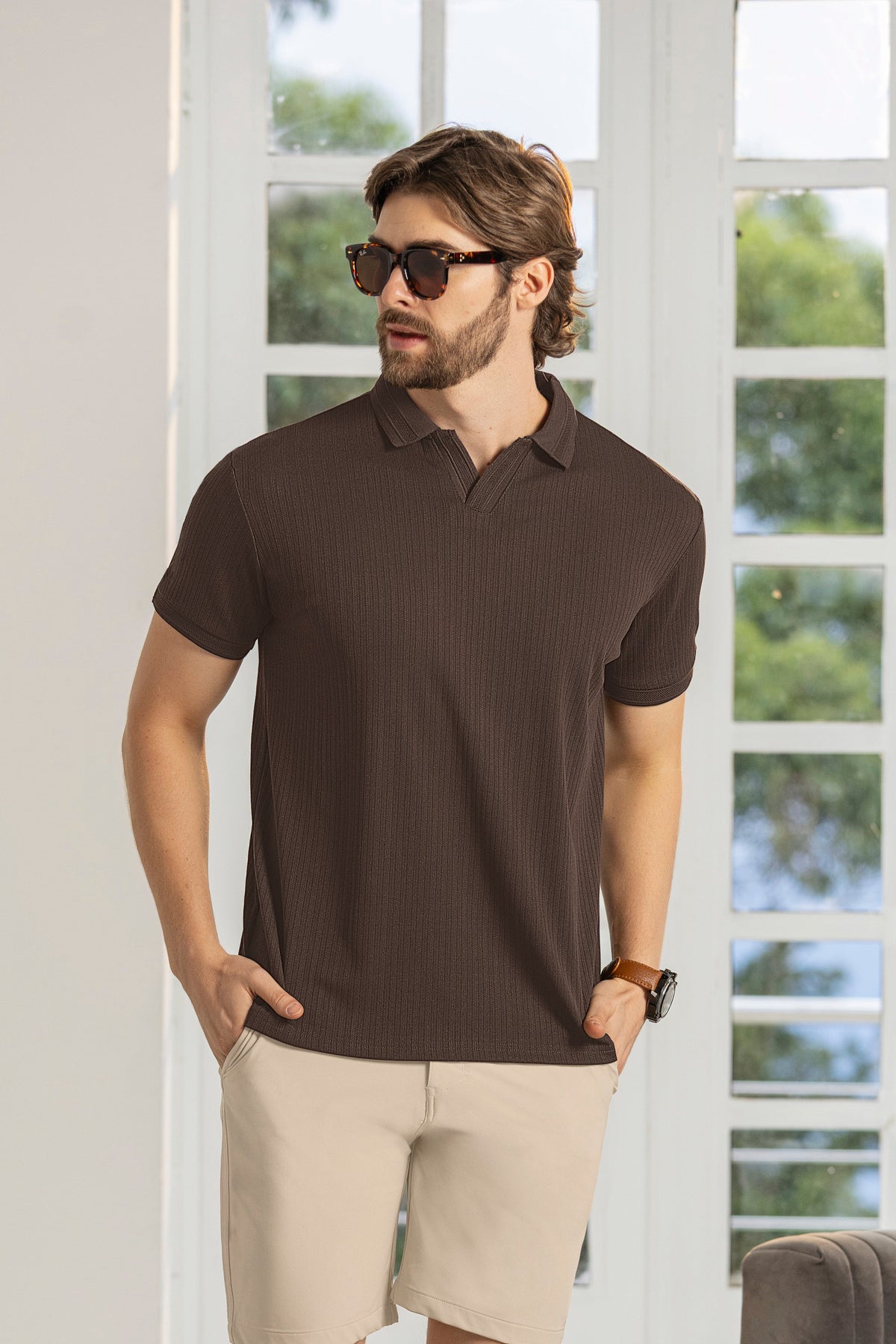 Camisa Tipo Polo Manga Corta Tela Rib Cafe