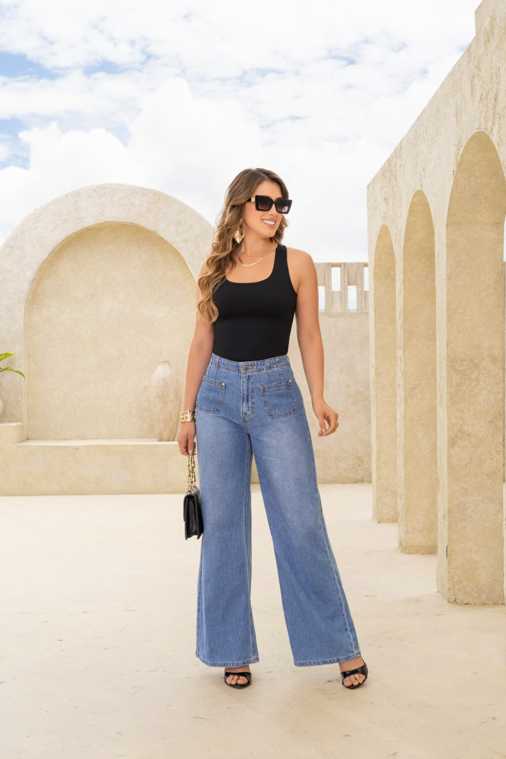 Jeans Estilo Wide Leg Tiro Alto Tela Denim Tela Denim, Azul Medio - Pretty Woman - foto 5 de 8